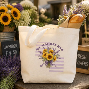 Rustic Watercolor Sunflower and Lavender Bouquet  Large Tote Bag