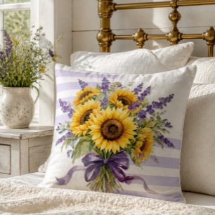 Rustic Watercolor Sunflower and Lavender Bouquet Throw Pillow