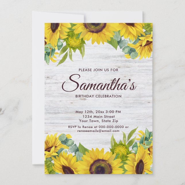 Rustic Watercolor Sunflower Birthday Party  Invitation (Front)