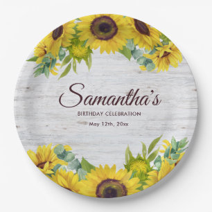Rustic Watercolor Sunflower Birthday Party Paper Plates