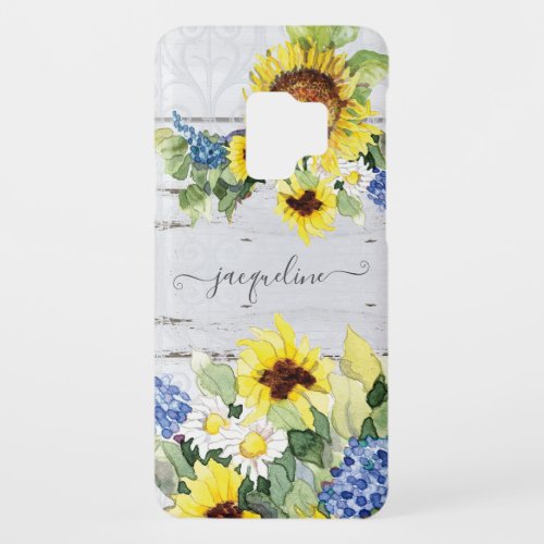 Rustic Watercolor Sunflower Blue Floral White Wood Case_Mate Samsung Galaxy S9 Case