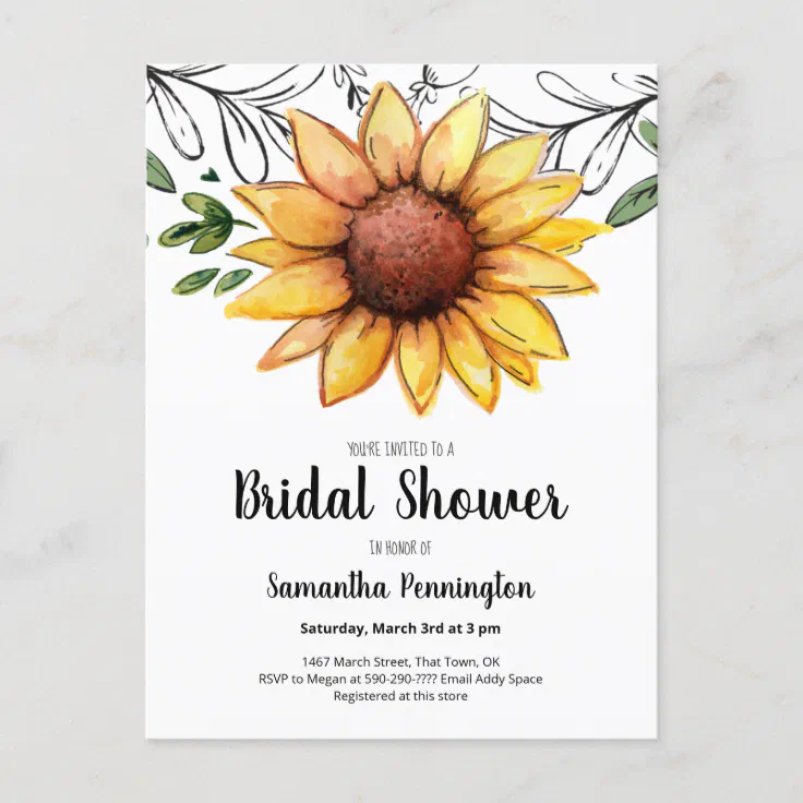 Rustic Watercolor Sunflower Bridal Shower Invitation Postcard Zazzle