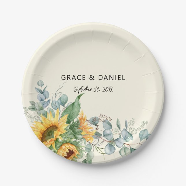 Rustic Watercolor Sunflower Eucalyptus Greenery Paper Plates (Front)