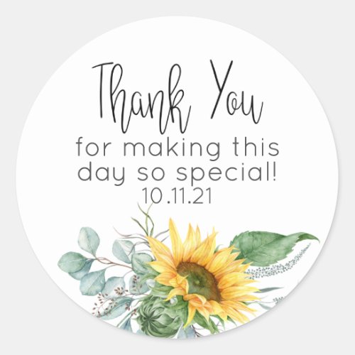 Rustic Watercolor Sunflower Eucalyptus Thank You Classic Round Sticker