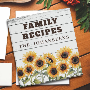 Rustic Watercolor Sunflower Family Recipe Book 3 Ring Binder