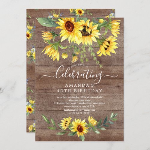Rustic Watercolor Sunflower Floral Birthday Party Invitation