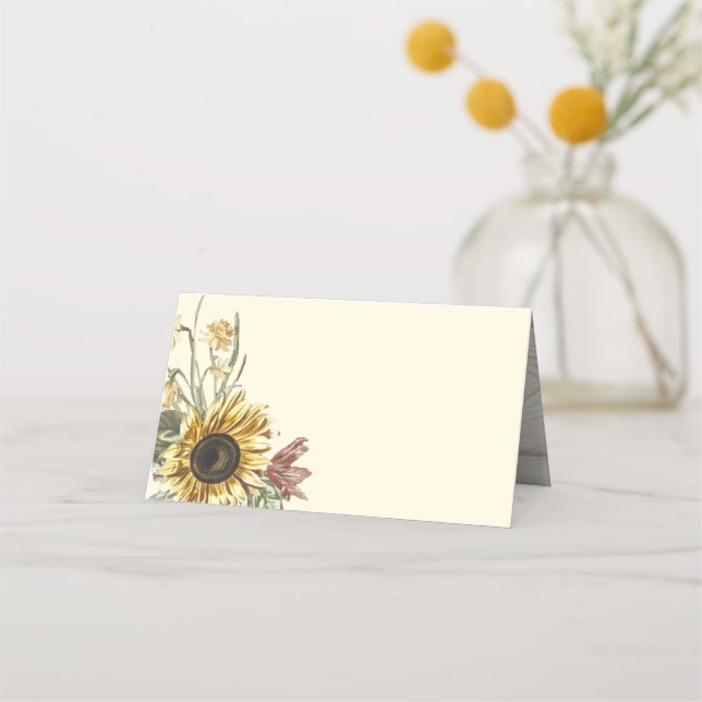Rustic Watercolor Sunflower Floral Botanicals Place Card (Front)