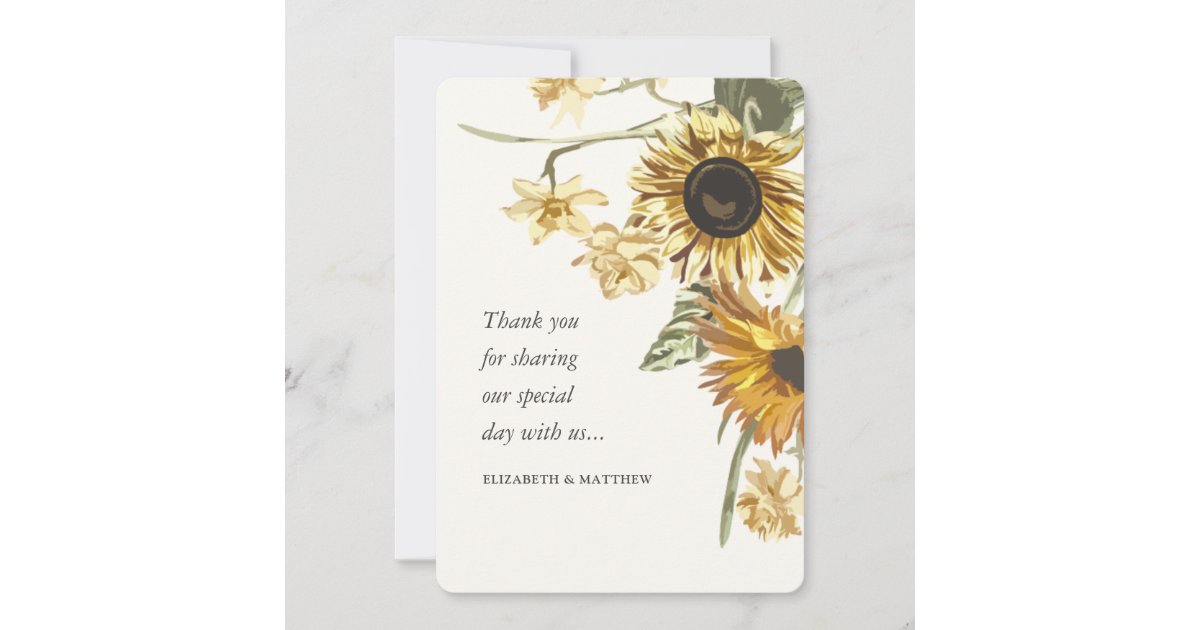 Rustic Watercolor Sunflower Floral Wedding Thank You Card | Zazzle