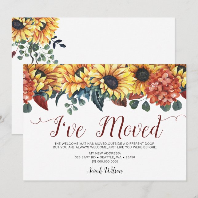 Rustic Watercolor Sunflower I have moved Moving Announcement (Front/Back)