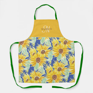 Rustic Watercolor Sunflower Pattern Monogram Apron