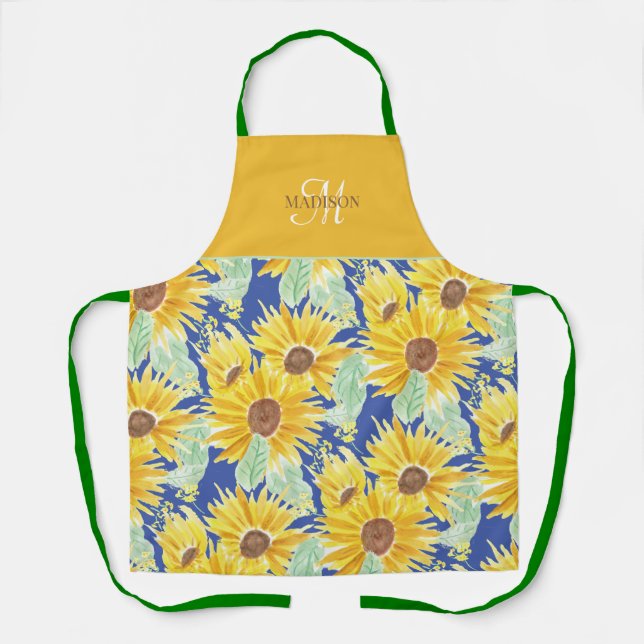 Rustic Watercolor Sunflower Pattern Monogram Apron (Front)