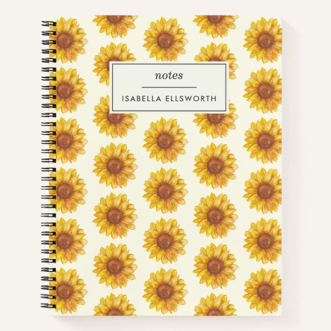 Rustic Watercolor Sunflower Pattern Personalized Notebook (Front)