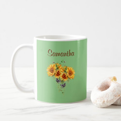 Rustic Watercolor Sunflower Plaid Bows on Green Coffee Mug