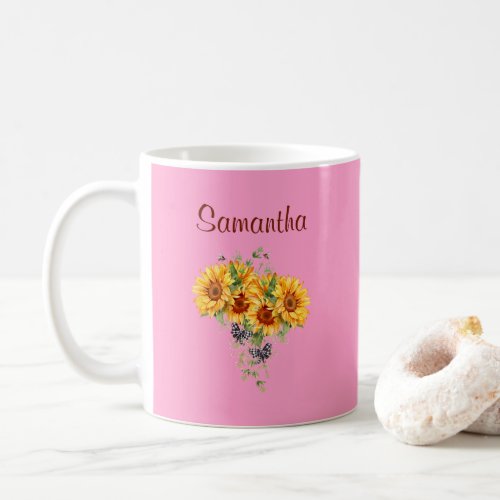 Rustic Watercolor Sunflower Plaid Bows on Pink Coffee Mug