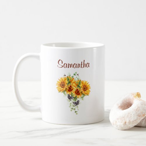 Rustic Watercolor Sunflower Plaid Bows on White Coffee Mug