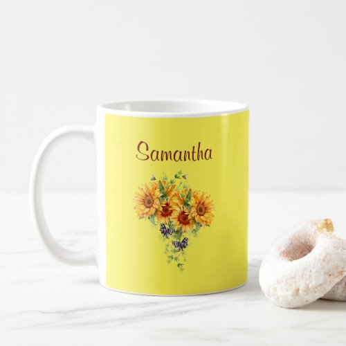 Rustic Watercolor Sunflower Plaid Bows on Yellow Coffee Mug