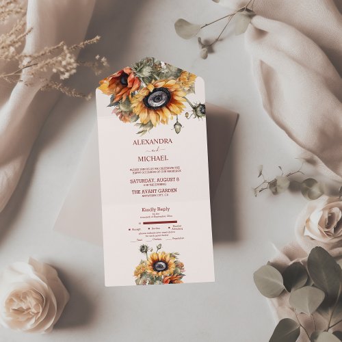 Rustic Watercolor Sunflower Wedding All In One Invitation