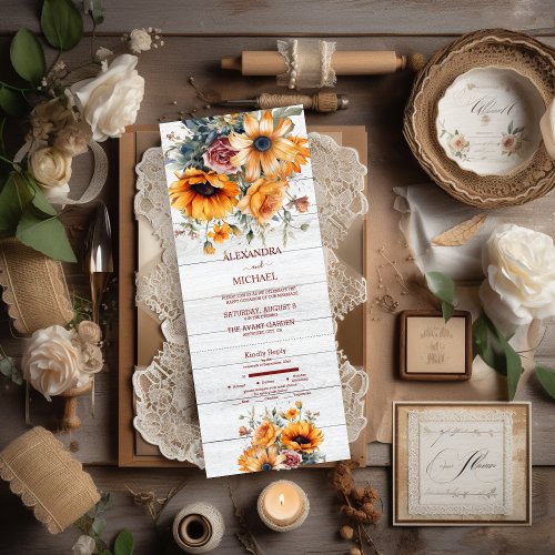 Rustic Watercolor Sunflower Wedding All In One Invitation