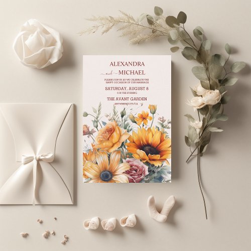 Rustic Watercolor Sunflower Wedding Invitation