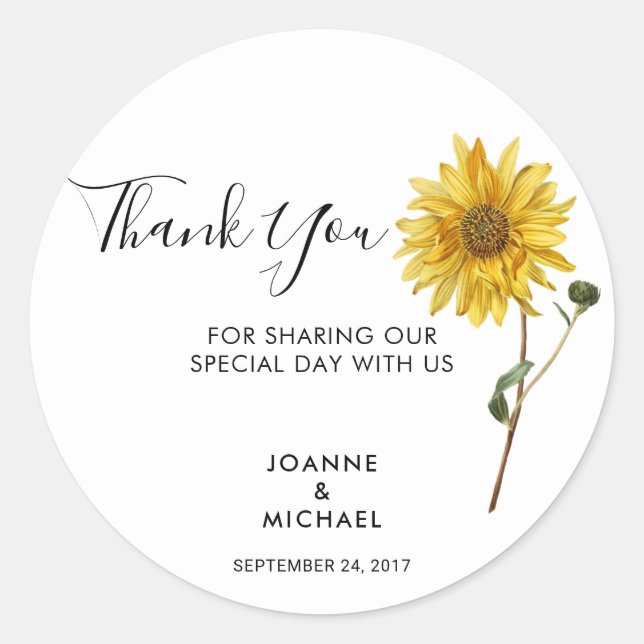 Rustic watercolor sunflower Wedding Thank You Classic Round Sticker (Front)