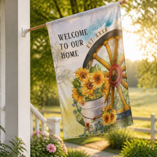 Rustic Watercolor Sunflower Welcome and Est Date House Flag