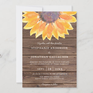 Rustic Watercolor Sunflower Wood QR Code Wedding Invitation