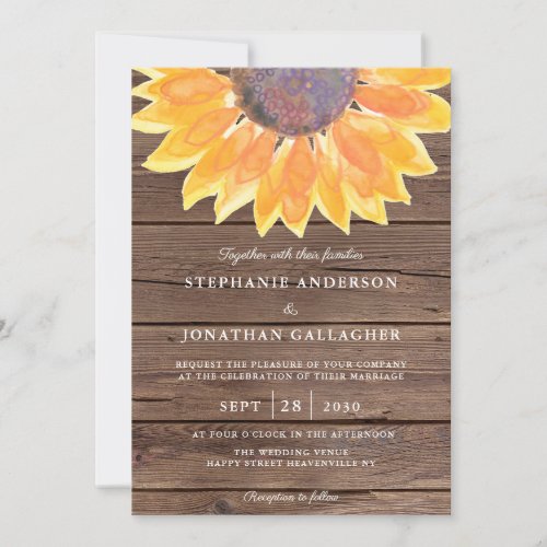 Rustic Watercolor Sunflower Wood Wedding  Invitation