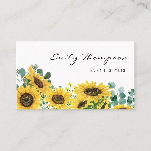 Rustic Watercolor Sunflowers and Eucalyptus Floral Business Card