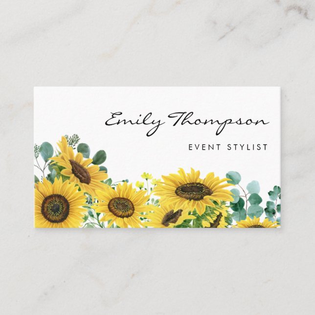 Rustic Watercolor Sunflowers and Eucalyptus Floral Business Card (Front)