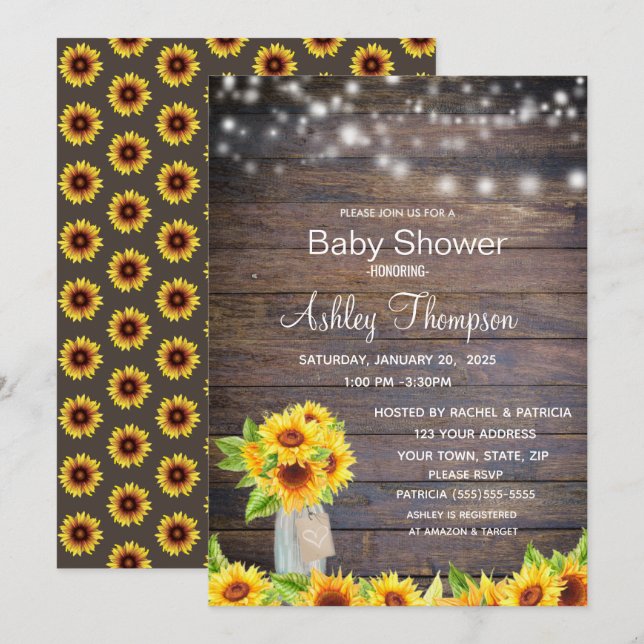 Rustic Watercolor Sunflowers and Jar Baby Shower Invitation (Front/Back)