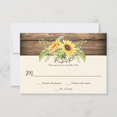 Rustic Watercolor Sunflowers Barn Wood RSVPs RSVP Card