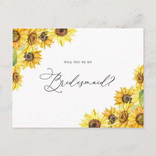 Rustic Watercolor Sunflowers Be My Bridesmaid Postcard