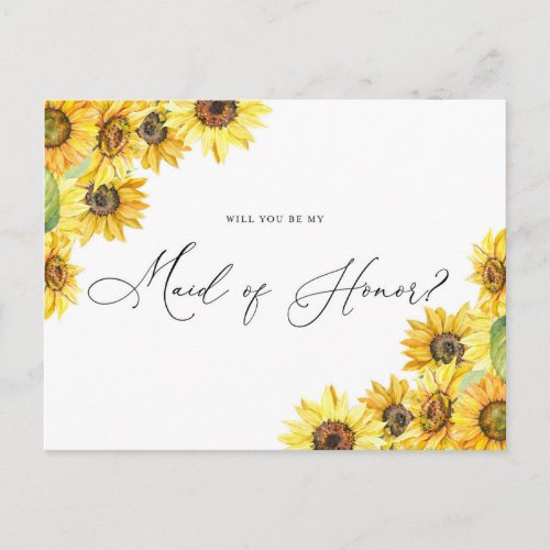 Rustic Watercolor Sunflowers Be My Maid of Honor Postcard