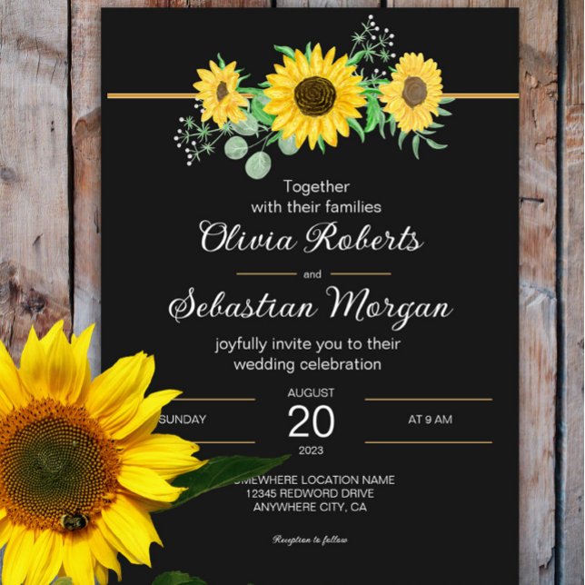 Rustic Watercolor Sunflowers Black Wedding Invitation (Creator Uploaded)