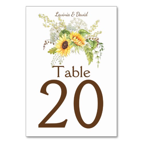 Rustic Watercolor Sunflowers Bouquet Table Numbers