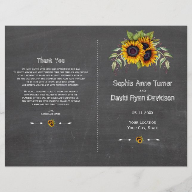 Rustic Watercolor Sunflowers Chalk Wedding Program Flyer (Front)