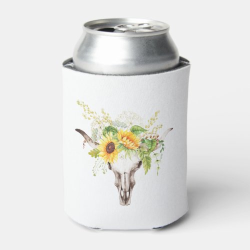 Rustic Watercolor Sunflowers Cow Skull Can Cooler