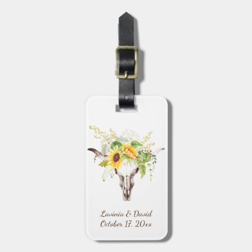 Rustic Watercolor Sunflowers Cow Skull Luggage Tag