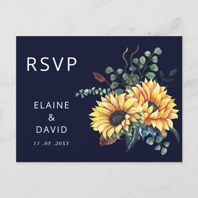 Rustic Watercolor Sunflowers Fall Wedding RSVP Invitation Postcard (Front)