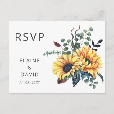 Rustic Watercolor Sunflowers Fall Wedding RSVP Invitation Postcard