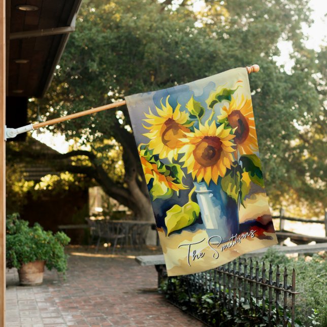 Rustic Watercolor Sunflowers in Blue Vase House Flag (In SItu)