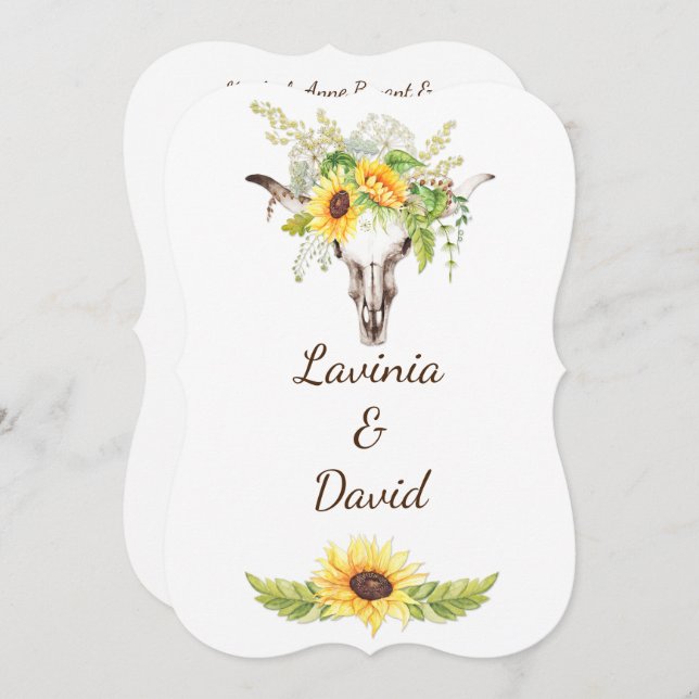 Rustic Watercolor Sunflowers Long Horn Cow Skull Invitation (Front/Back)