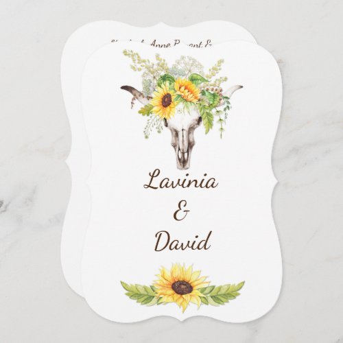 Rustic Watercolor Sunflowers Long Horn Cow Skull Invitation