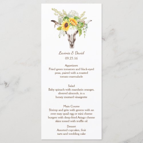 Rustic Watercolor Sunflowers Long Horn Menu Cards