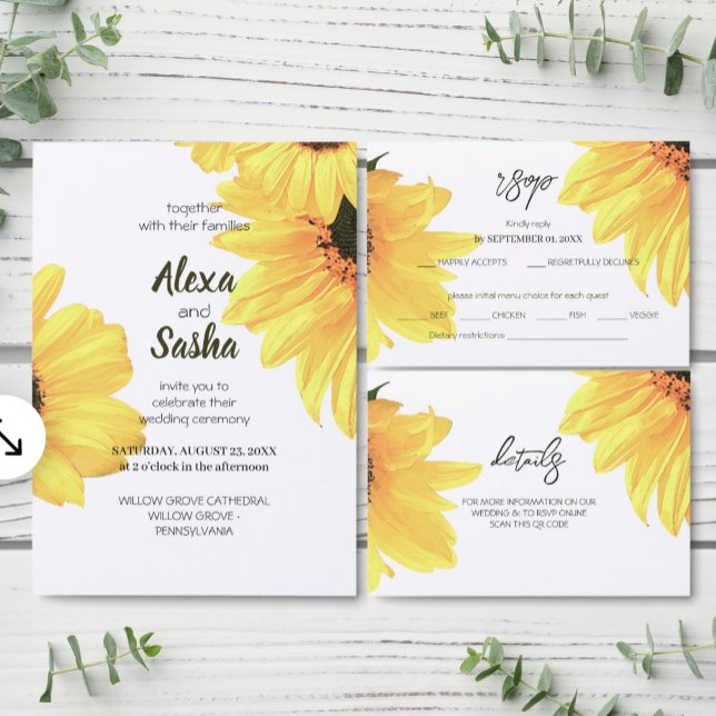 Rustic Watercolor Sunflowers Minimalist Wedding Invitation (Creator Uploaded)