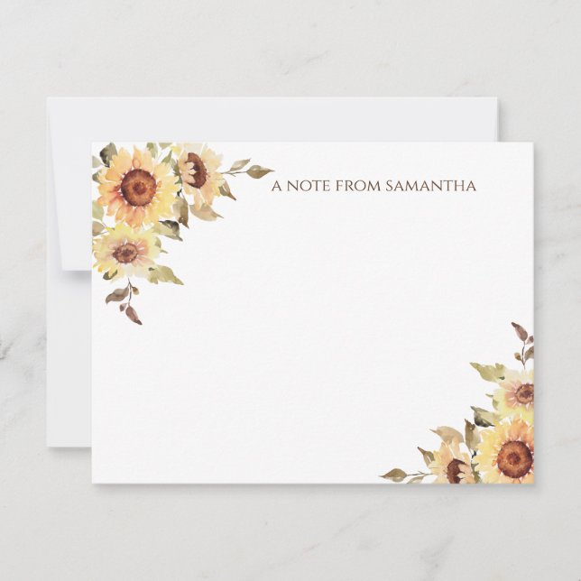 Rustic Watercolor Sunflowers Monogram Note Card (Front)