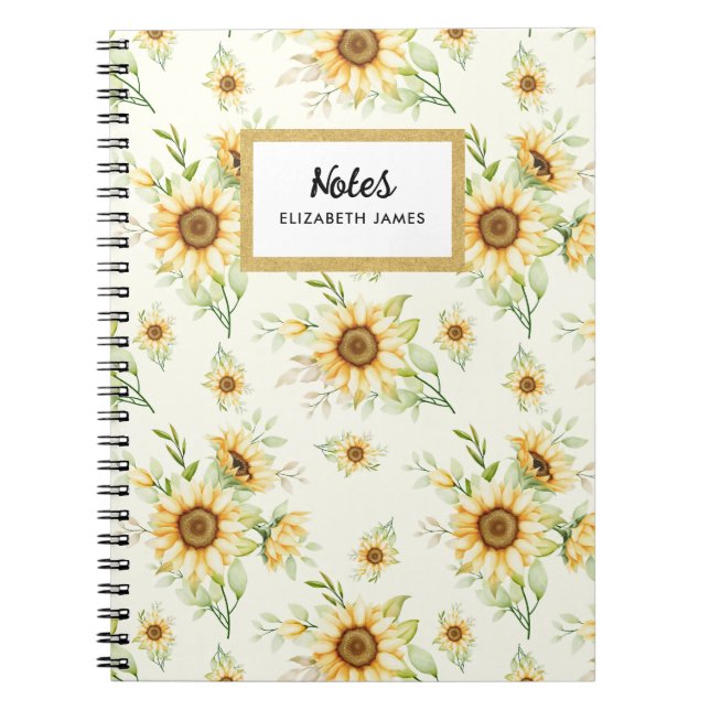 Rustic Watercolor Sunflowers Pattern Personized Notebook (Front)