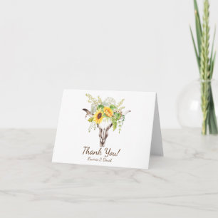 Rustic Watercolor Sunflowers Skull Thank You Card