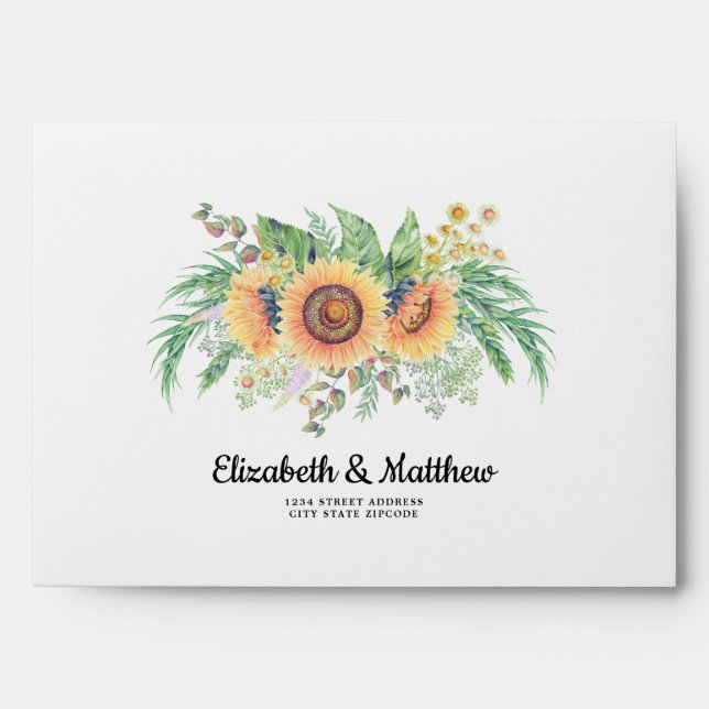 Rustic Watercolor Sunflowers Wedding Envelopes (Front)