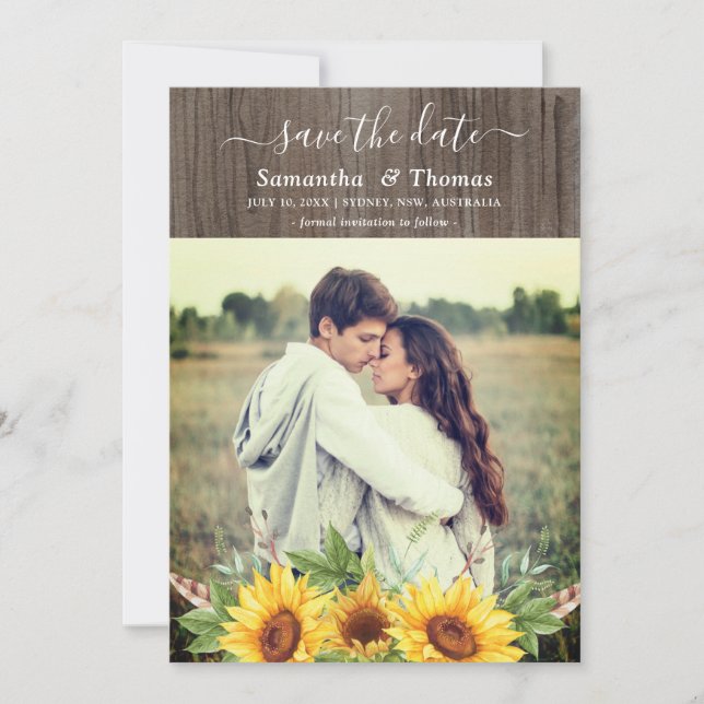 Rustic Watercolor Sunflowers Wedding Save the Date (Front)